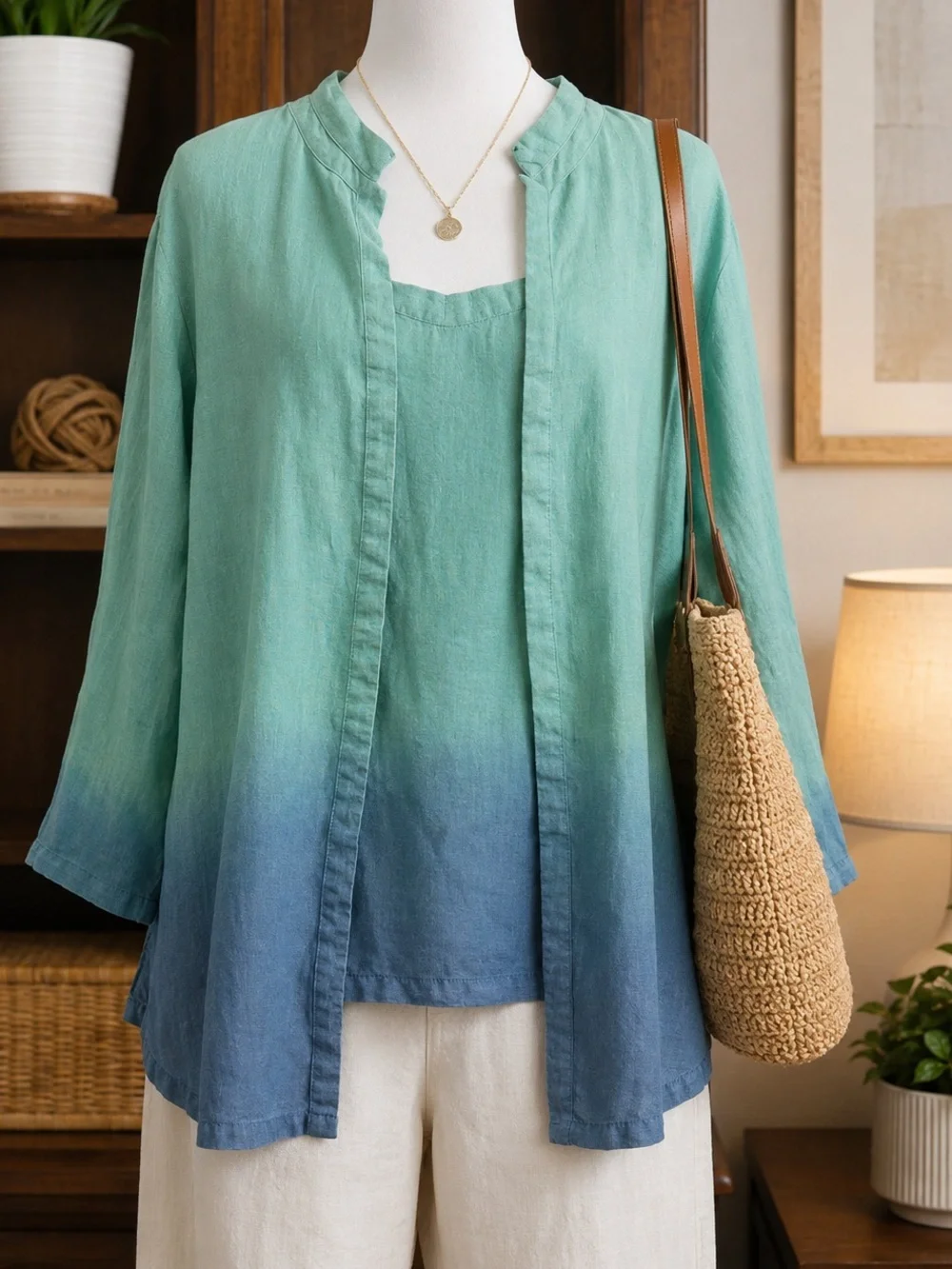 Dana Buchman 100% Linen Twinset Ombre Blue Green Coastal Grandma Cardigan Sz 12